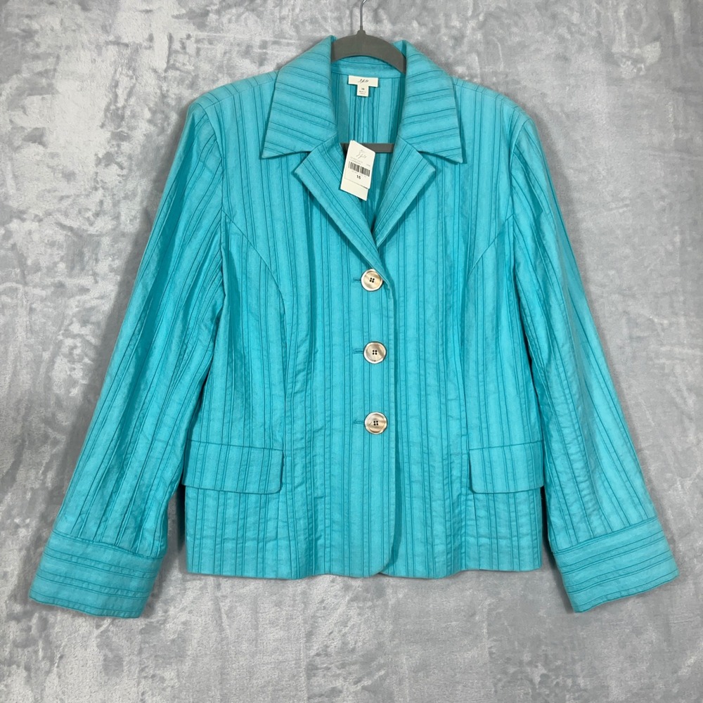 J. Jill Womens 16 Blazer Blue Textured 100% Cotton 3-Button Jacket Career NEW
